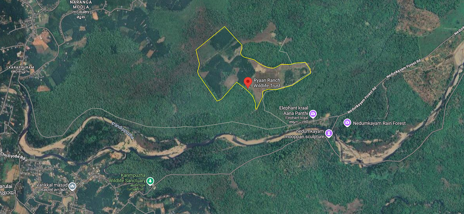 Satellite view of the Ryaan Ranch Wildlife Trust land beside Nedumkayam Forest and the Karimpuzha Wildlife Sanctuary